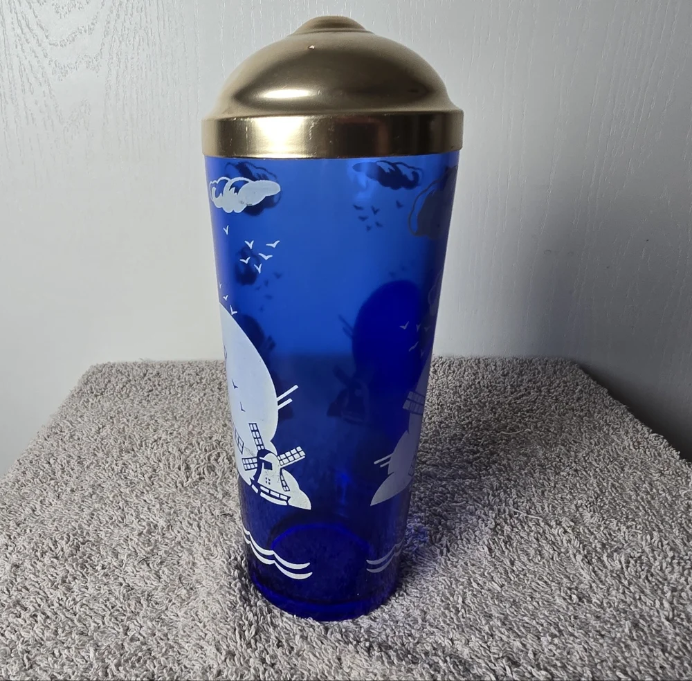 Vintage Hazel Atlas Cobalt Blue Art Deco Cocktail Shaker Windmill Pattern No Cap